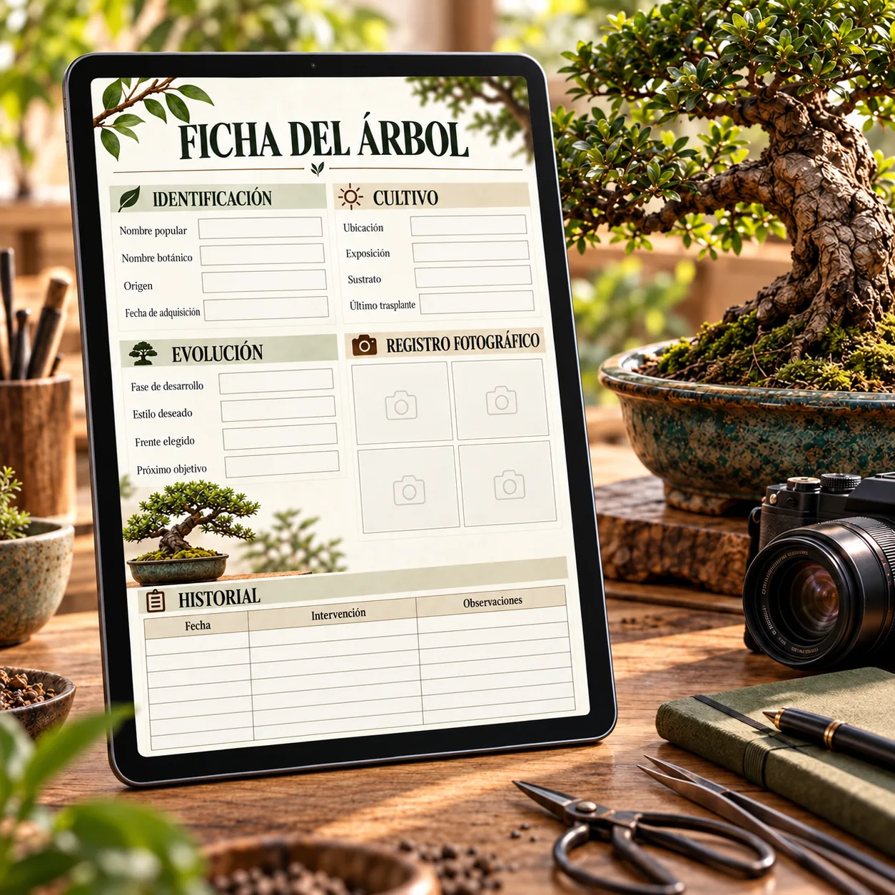 Ficha profesional del árbol en español en una tableta junto a un bonsái