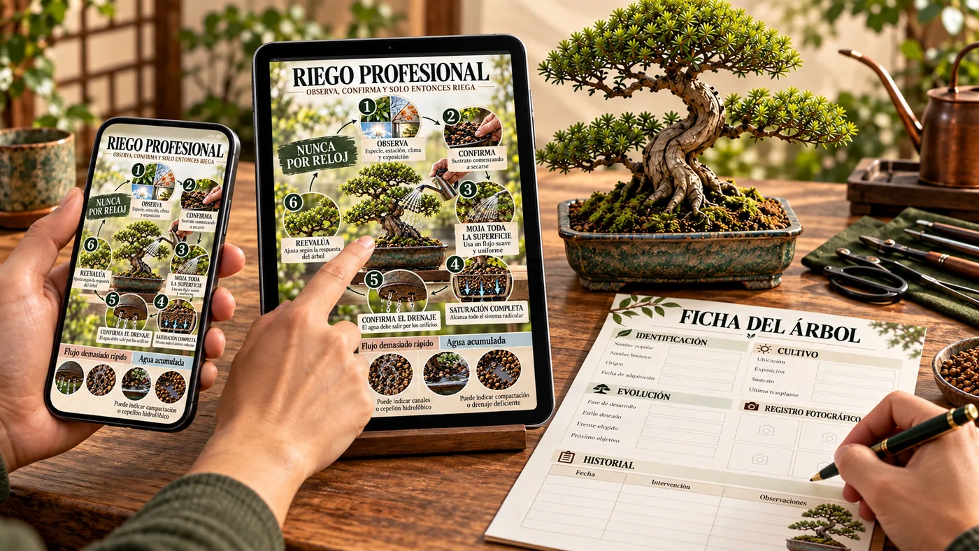Tres momentos de uso en español: PDF en el móvil, mapa visual en una tableta junto al bonsái y ficha completada en papel