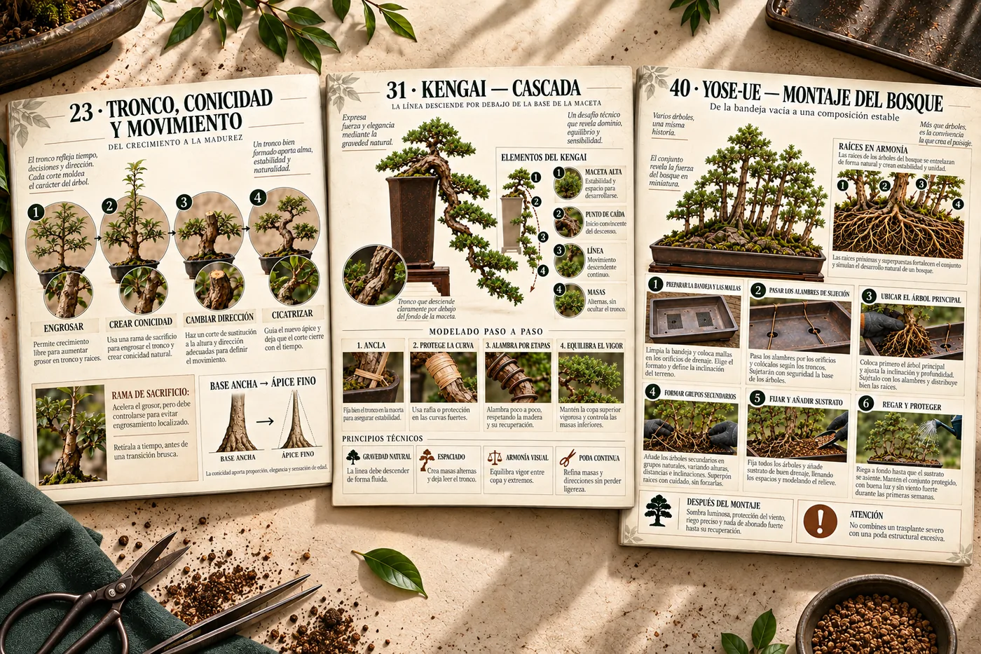 Tres mapas visuales reales en español sobre tronco, estilo cascada y montaje del bosque