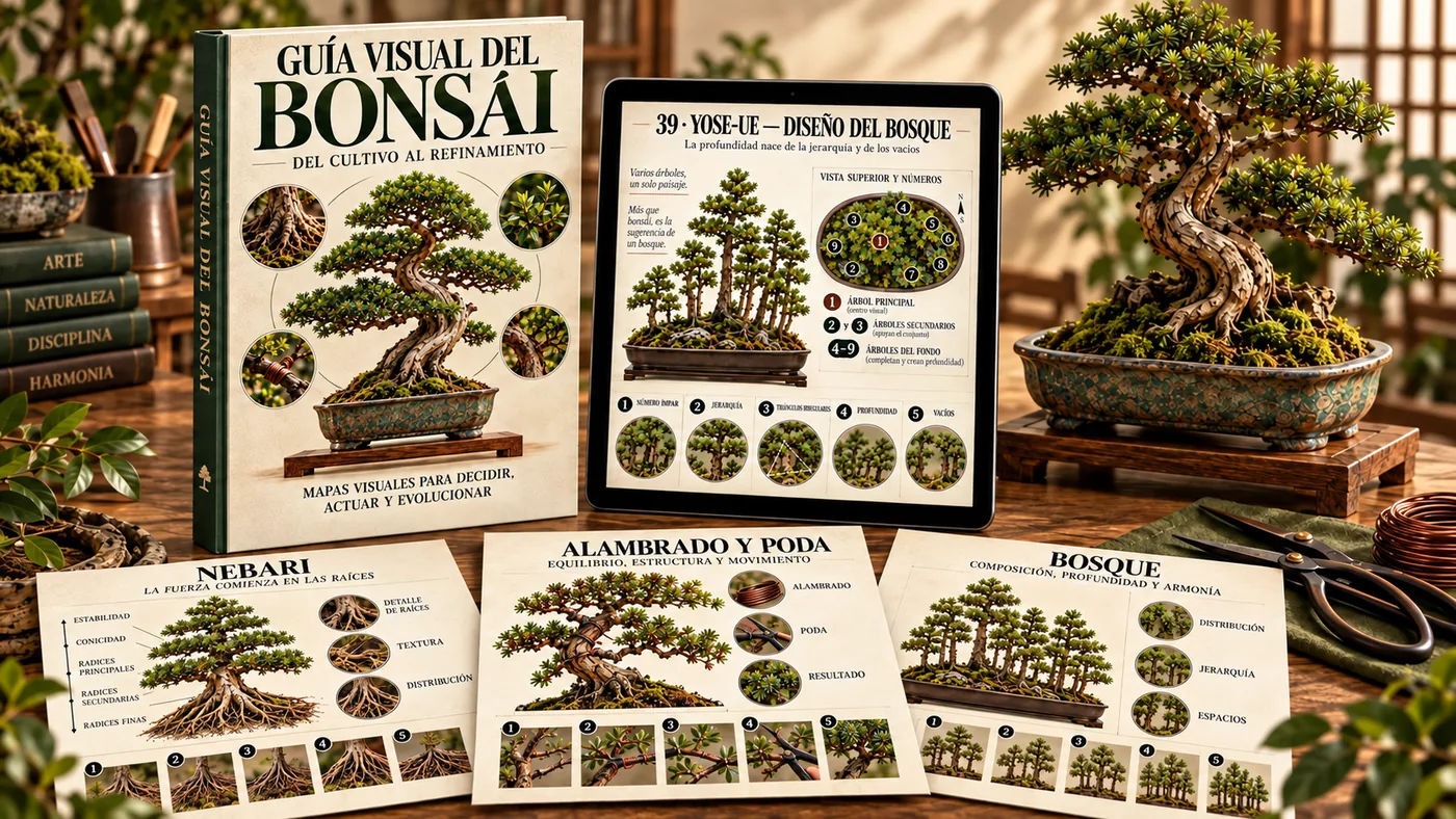 Guía Visual del Bonsái en español, con portada, tableta y mapas visuales de técnicas y bosque junto a un bonsái