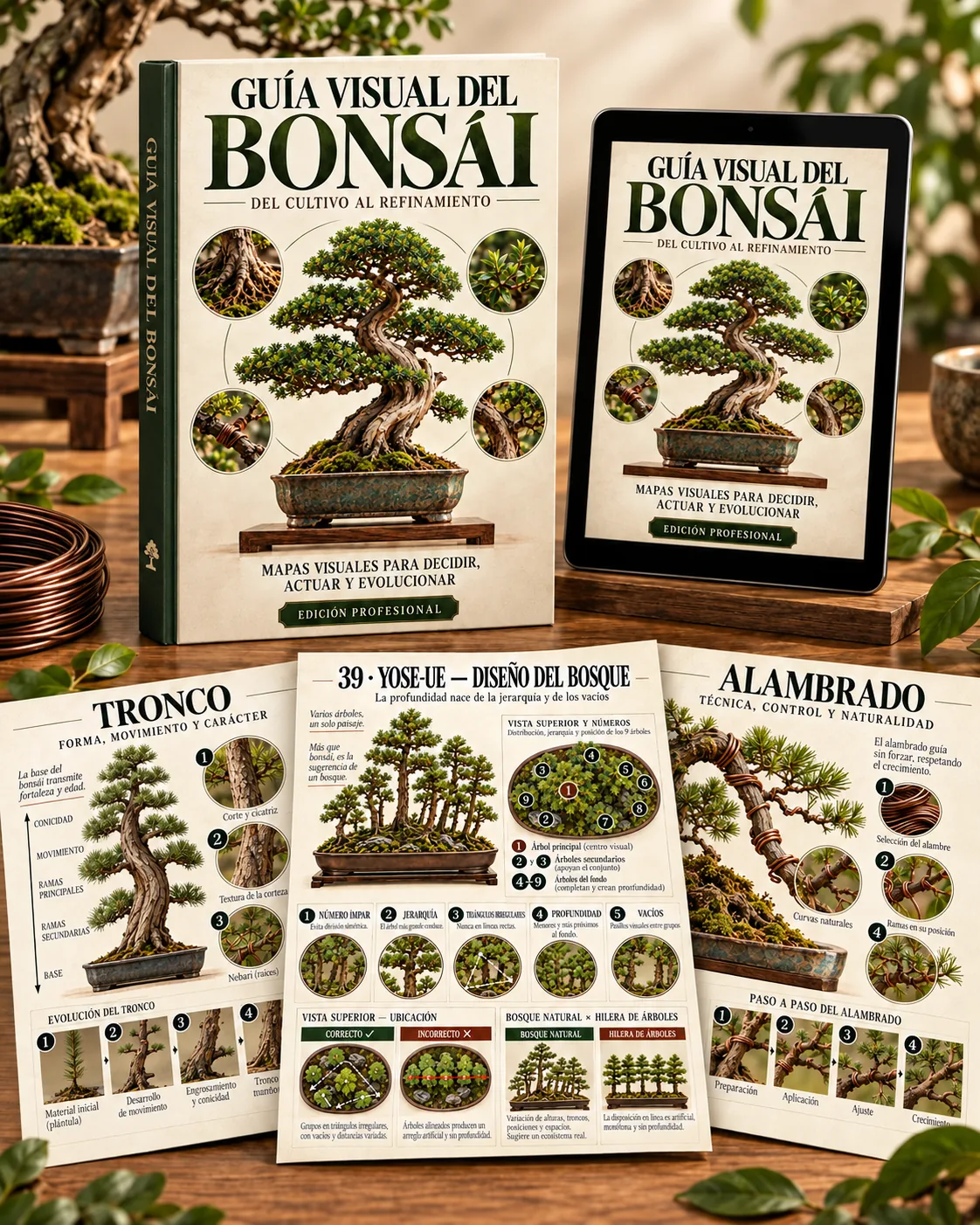Guía Visual del Bonsái en español en libro y tableta, con mapas de tronco, bosque y alambrado