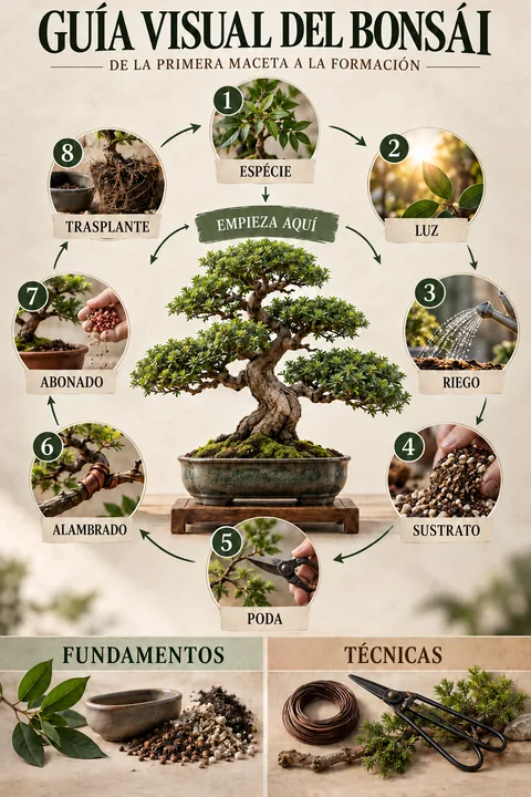 Mapa general del bonsái: especie, luz, riego, sustrato, poda, alambrado, abonado y trasplante