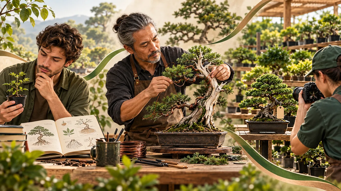 Tres cultivadores: principiante con un plantón, persona con experiencia alambrando y productora fotografiando árboles